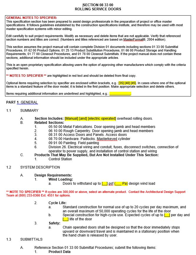 Rolling Door Specification